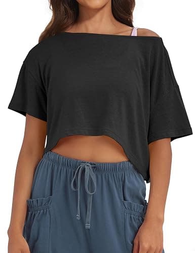 MISSACTIVER Oversized Off The Shoulder Top Short Sleeve, Boat Neck Crop Tee Workout Shirt - Image 1