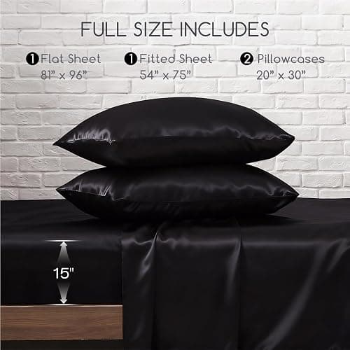 MR&HM Satin Sheets Full Size with Elastic Corner Straps, 4-Piece Silky Bedding Set, Deep Pocket 15 Inches, Good for Hair & Skin (Full, Black) thumbnail 8