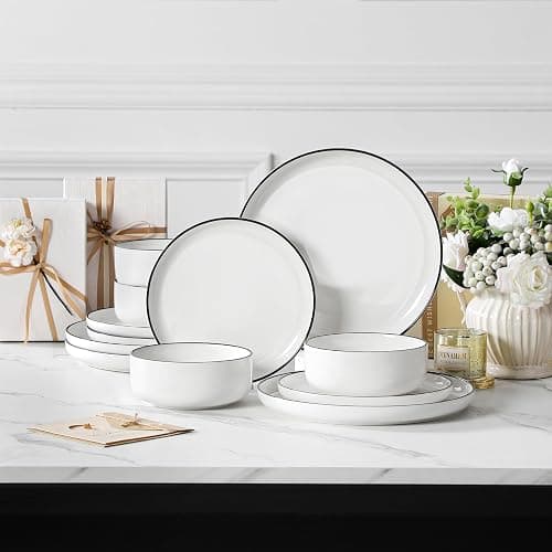 MALACASA Plates and Bowls Sets, 12 Pieces Modern Porcelain Dinnerware Set for 4 White Kitchen Dinner Dining Ware Set wtih Black Rim Ceramic Dishware Dishes Microwave and Dishwasher Safe, Series LUNA thumbnail 9