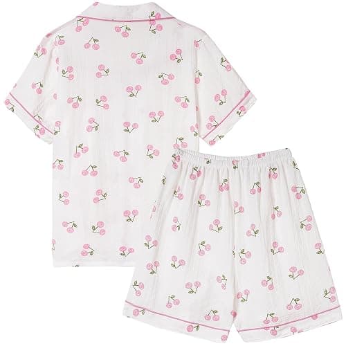 Vopmocld Big Girls Button Down Sleepwear Short Sleeve With Shorts 2PCS Pajama Sets Casual Lapel Loungewear Patterns Printed thumbnail 2