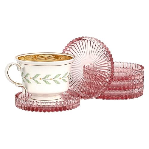 OGANAZI Modern Clear Pink Glass Coasters Set of 5 - Crystal Coasters for Drinks, Round, 4 Inch, Dishwasher Safe thumbnail 8