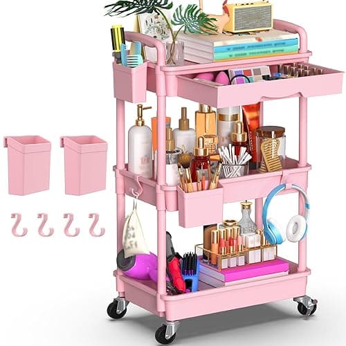 Goovilla 3 Tier Rolling Utility Cart Organizer with Removable Drawer, Stable and Sturdy Pink Rolling Storage Carts with 2 Lockable Wheels for Bathroom, Kitchen, Snack, Craft, Makeup, Baby Essentials - Image 1