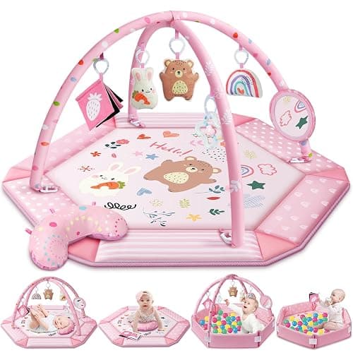 Baby Gym Play Mat, 8-in-1 Tummy Time Mat & Ball Pit with 6 Toys, Washable Baby Activity Mat for Visual, Hearing, Sensory, Motor Development, Babies Gift for Newborn Infant 0-3-6-9-12 Months (Pink) - Image 1
