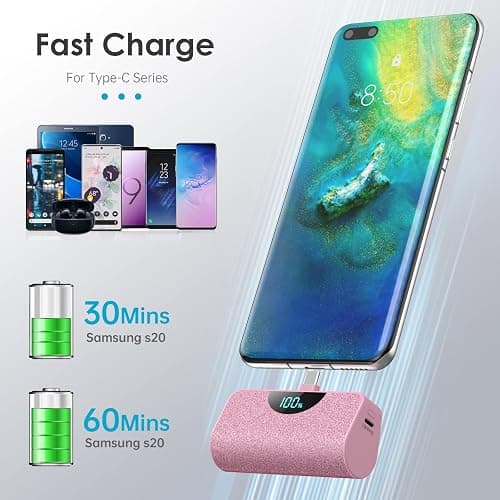 Mini Portable Charger USB-C Power Bank 5200mAh,Ultra Compact LCD Display Battery Pack Backup Charger Compatible with iPhone 17/17 Air/17 Pro/17 Pro Max/16/16 Plus/16 Pro Max/15 Series,Samsung- Pink thumbnail 2