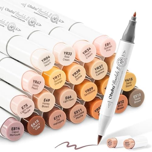 Ohuhu 24 Skin-Tone Colors Alcohol Markers, Brush& Fine Sketch Art Marker, Alcohol-based Brush Markers for Artists Adults' Coloring, Illustration with 1 Colorless Blender Alcohol-based Ink - Image 1
