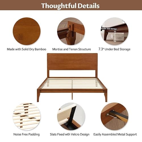 Merax King Size Bamboo Platform Bed, Mid-Century Modern Bed Frame with Tall Headboard, Solid Sustainable Bedframe King-Size, Wood Slat Support, No Box Spring Needed, Easy Assembly, Noise Free, Brown thumbnail 5