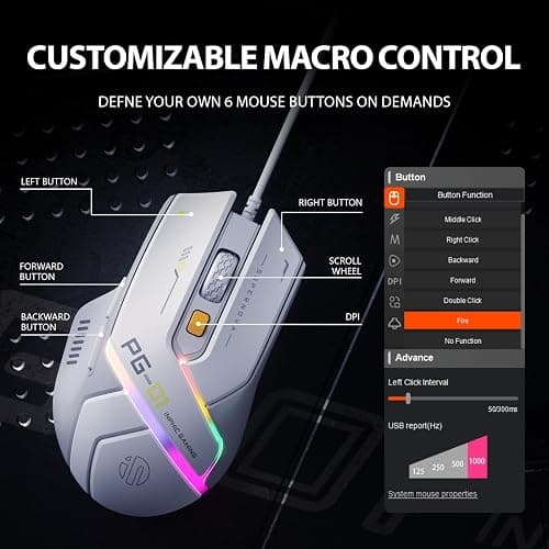 INPHIC PG1 Wired Computer Gaming Mouse Ergonomic, 12800 DPI High-Precision, 6 Programmable Buttons, RGB Backlit for Gaming - White Gray thumbnail 4