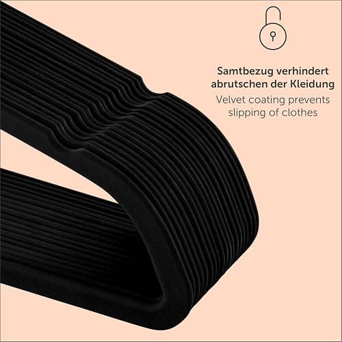 Blumtal 50 Stück Kleiderbügel aus Samt – Samt-Kleiderbügel, rutschfest, um 360° drehbar, platzsparend, hochwertig mit Krawattenklammer – Schwarz thumbnail 3