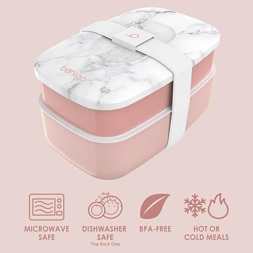 Bentgo Classic - Adult Bento Box, Stackable 3-Compartment Lunch Box with Removable Utensil Set and Sealing Strap, BPA-Free, Food Container Ideal for Meal Prep, Work, and On the Go (Blush Marble) thumbnail 4