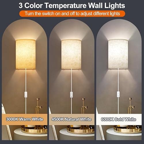 Plug in Wall Sconces Set of Two: Wall Lights with On/Off Switch - Stepless Color Temperature Wall Mount Lamps - Fabric Linen Wall Sconce for Bedroom Living Room & Hallway- Indoor Corded Wall Sconces thumbnail 2