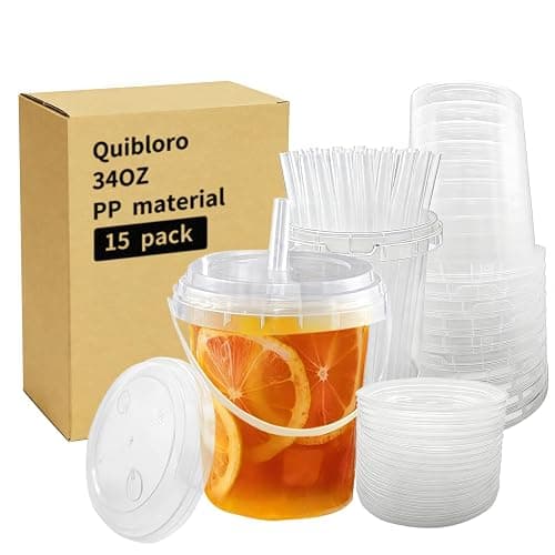 34oz 15pack Plastic Cups with Lids and Straws, Jumbo Disposable Drink Cups with Lids, Perfect for Lemonade, Iced Coffee & Fruit Drinks at Summer Parties, Beach Picnics & Poolside - Image 1