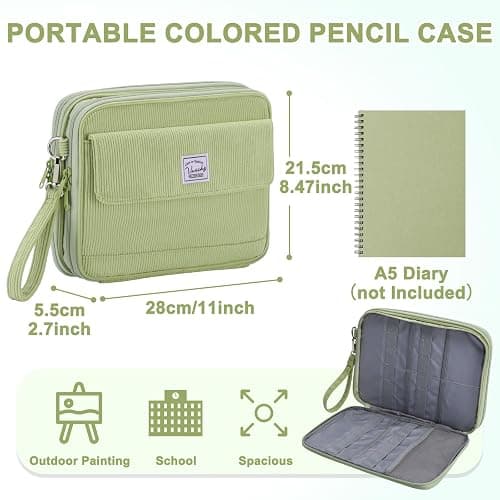 VASCHY Trousse Crayon de Couleur, Grande Trousse 192 Slots en Velours Côtelé Portable Multi-Poches Feutres Stylos Aquarelle avec Anse Amovible pour Homme Femme Fille Artiste Vert Clair thumbnail 2