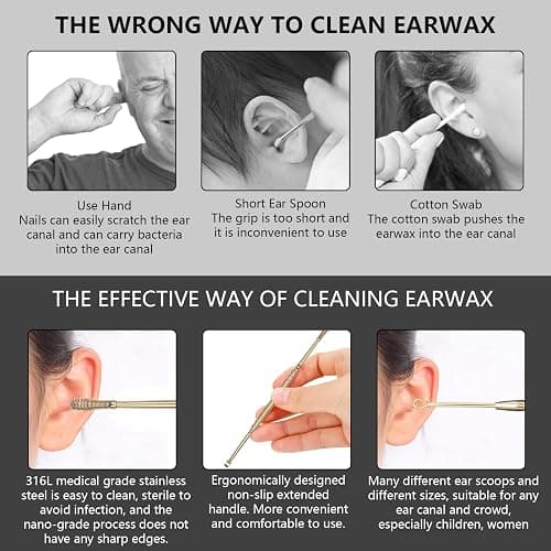 Hion 6 Pcs Extended Ear Wax Removal Kit,Professional Double-Headed Ear Pick Earwax Removal Tools,316L Stainless Steel Ear Cleaner Curette with Cleaning Brush and Storage Box,Suit for Kid Adult(Gold) thumbnail 3