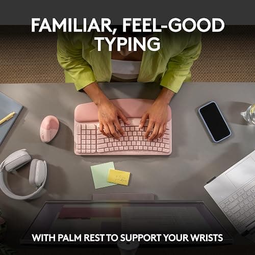 Logitech Wave Keys & Lift Vertical Mouse - Ergonomic Bundle — Wireless Keyboard with Cushioned Palm Rest & Vertical Wireless Mouse - Easy-Switch, Bluetooth, for Multi-OS, Windows/Mac - Rose thumbnail 4