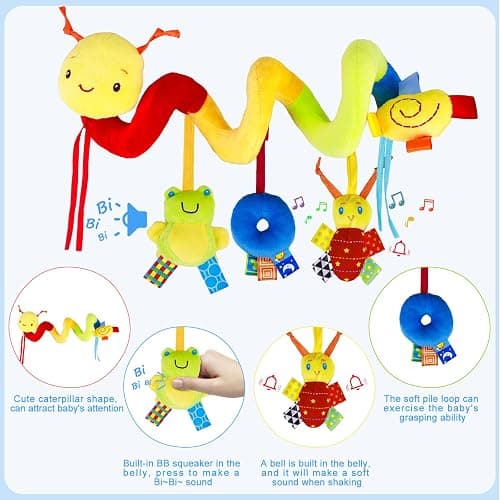 Baby Crib Hanging Rattles Toys - Infant Baby Worm Crib Bed Around Rattle Bell Cartoon Insect Spiral Hanging Toy with Ringing Bell for Infants Bed Stroller Car Seat Bar for Babies Boys and Girls thumbnail 4