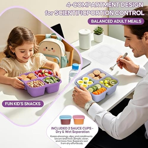 TIME4DEALS 4 Pack Divided Snack Containers, Reusable 4 Compartment Snack Containers Bento Box with 2Pcs Sauce Containers, BPA-Free Meal Prep Lunch Containers for Kids & Adults (School, Work, Travel) thumbnail 4