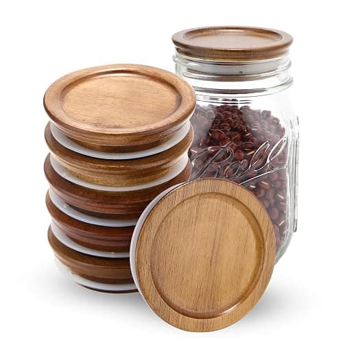 6 Pack Regular Mouth Mason Jar Lids Reusable canning lids Acacia Wooden mason jar Lids with Airtight Silicone Seal, Brown (6PCS Regular Lids) - Image 1