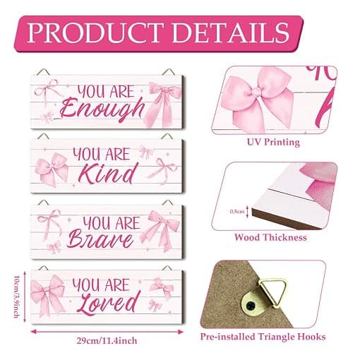 Dazzlewall 4Pcs Pink Inspirational Wall Decor, Bow Tie Wooden Signs for Living Room Bathroom Girls Bedroom Wall Decor Gallery Hanging Plaques, 11.4x3.9 in thumbnail 6