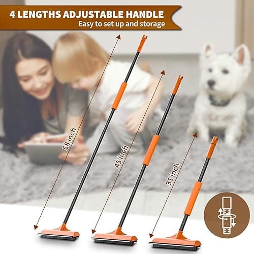 3 in 1 Carpet rake Kit for Pet Hair Removal Tool - Reusable Pet Hair Remover broom w 58"Adjustable Long Handle, Dog & Cat Carpet Scraper, Pet Hair Remover for Rugs, Mats, Couch, Curtains(Orange) thumbnail 4