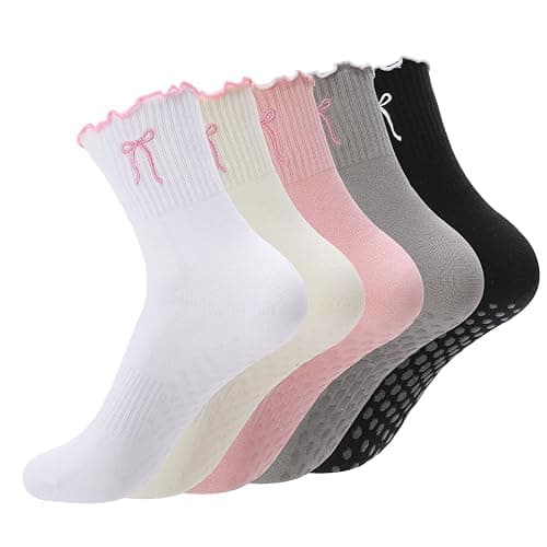 scenicamp 5 Pairs Women‘s Cute Pilates Socks with Grips, Non-Slip Ruffle Yoga Sock, Cotton Grippy Crew Sock for Barre Ballet - Image 1
