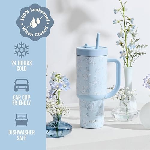 Ello Oasis 30 oz Tumbler with Handle & Retracting Straw | Reusable Insulated Stainless Steel Cup 100% Leakproof, Gifts for Teens Women Men | Keeps cold for 24 Hours, Cup Holder Friendly, Sweet Alyssum thumbnail 6