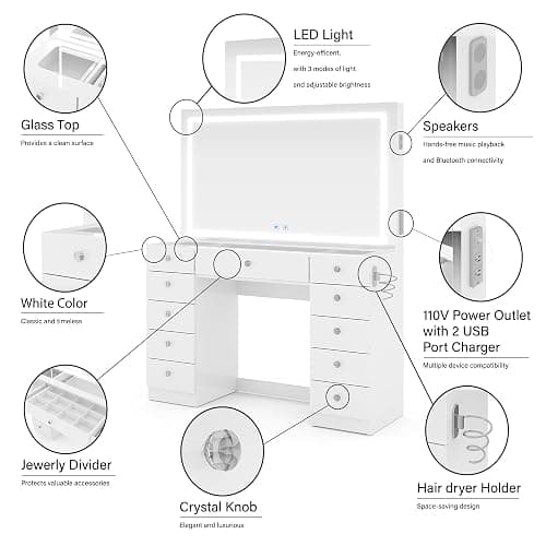 Boahaus Amelia Large Makeup Vanity Desk with Dimmable LED, 2 Bluetooth Speakers, USB Type C & Type A, 110 V Power Outlet, 11 Drawers, Crystal Knobs, Premium White thumbnail 4