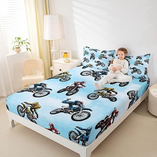 Erosebridal Dirt Bike Bed Sheet Twin Size, Extreme Sport Fitted Sheet for Kids Boys Teens, Motorbike Sport Bedding Set Motocross Rider Bedding Decor Set 2 Pieces with 1 Pillow Case, Blue thumbnail 4