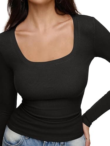 REORIA Long Sleeve Shirts for Women Scoop Neck Going Out Slim Basic Tshirts 2025 Trendy Tops Ribbed Knit Fall Outfits thumbnail 3