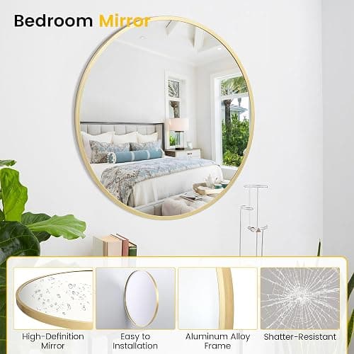 Garvee 24 in Round Mirror for Wall, Gold Metal Frame Circle Mirror, Round Bathroom Mirror for Wall Decor, Rounds Mirror for Entryway, Vanity, Bedroom, Easy to Install thumbnail 3