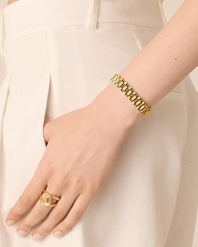 PAVOI 14K Gold Plated Waterproof Watch Strap Chain Bracelet for Women | Two Toned Mixed Metals Stainless Steel Chunky Link Bracelet thumbnail 4