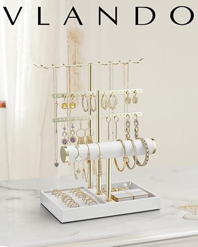 VLANDO 3 Tier Jewelry Stand Organizer with Tary, Leather Jewelry Holder Display for Women, Gold Jewlery Holder Display for Necklace, Earring, Bracelet, Rings - White thumbnail 2