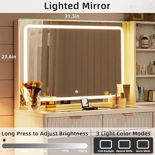 LEYAOYAO Vanity Desk with Mirror and Lights, 43.5'' Fluted Makeup Vanity with 6 Drawers and Adjustable Shelves, Wood TC Make Up Vanity Dressing Table with Glass Top and Power Outlet for Bedroom thumbnail 2