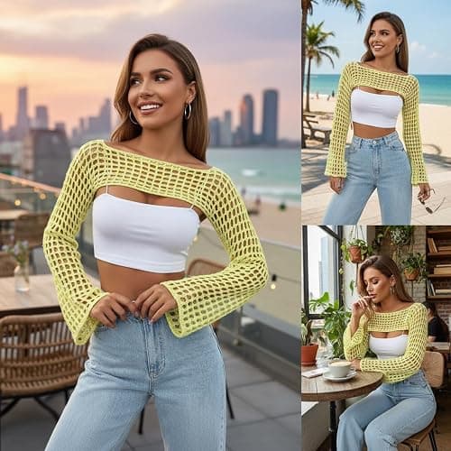 Mincib Womens Crochet Shrug Y2K Hollow Out Bolero Shrug See Through Cropped Knit Sweater Top thumbnail 5