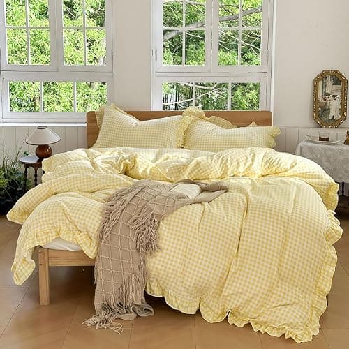 NSNLGSGC Yellow Gingham Ruffle Duvet Cover Twin Size, 2 Pieces Soft Pre-Washed Microfiber Checked Plaid Comforter Cover Set, Vintage Farmhouse Bedding Set(Yellow Gingham, Twin 68"x90") thumbnail 9