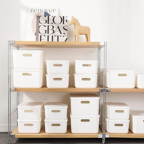 Yishyfier Plastic Storage Baskets Bins Boxes With Lids,Organizing Container White Storage Organizer Bins For Shelves Drawers Desktop Playroom Classroom Office,6-Pack(4M+2S) thumbnail 5