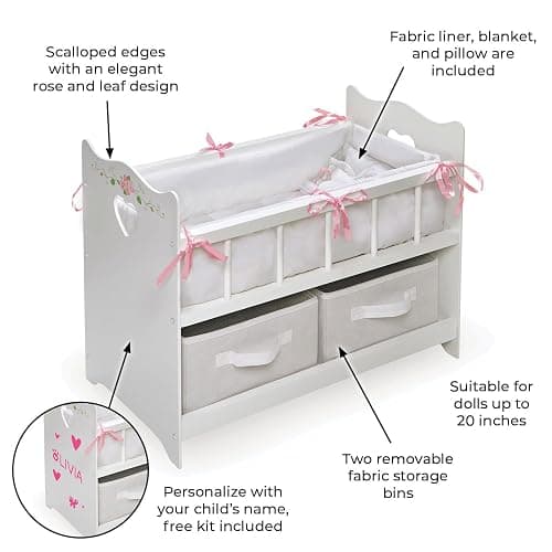 Badger Basket Wooden Doll Bed with Storage Baskets & Pillows - White/Rose | Fits 18–20" dolls; includes bedding, 2 storage baskets, wood construction & personalization decal kit. thumbnail 4