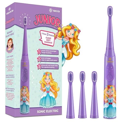 Vekkia Sonic Rechargeable Kids Electric Toothbrush(Purple) | 3 Modes with Memory/Fun & Easy Cleaning/24000 Strokes, IPX7 Waterproof, 2-Min Timer for Age 5+/4 Soft Bristles - Image 1