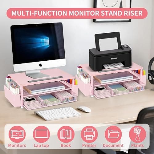 AUPSEN Pink Desk Organizers and Accessories, 2-Tier Wood Computer Monitor Stand with Drawer, Pen Storage & Phone Holder, Office Desk Accessories, Workspace Desktop Organization for Office Supplies thumbnail 5