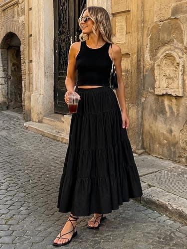 ATOFY Women's White Maxi Skirt Summer Boho Long Flowy Pleated Tiered High Waist A-Line Flared Skirts thumbnail 6