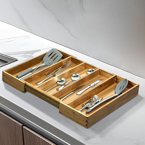 VaeFae Acacia Kitchen Silverware Organizer, Cutlery Drawer Organizer with 5 Compartments, Wooden Utensil Holder for Flatware and Cooking Tools thumbnail 2