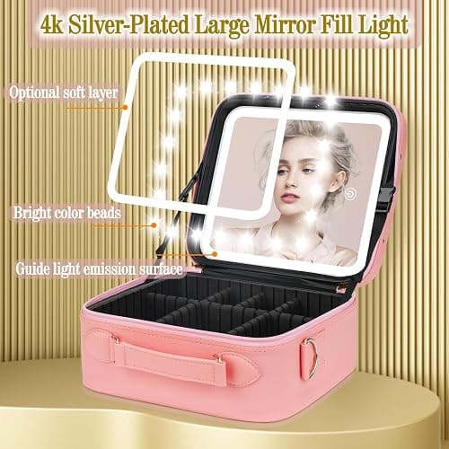 Travel Makeup Bag with Light Up Mirror,Makeup Travel Case with adjustable dividers,Waterproof Makeup Train Case,lighted Makeup Case with Detachable Mirror thumbnail 6
