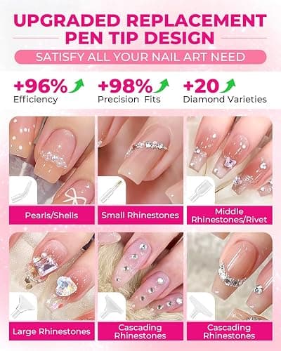 Rhinestone Picker Tool Kit: 2Pcs Rhinestone Picker Handle, Dual-Ended Rhinestones Applicator Dotting Pen with 12 Upgraded Plastic Replacement Tips, Clay, Bedazzling Tools for Nail Art Craft (Pink) thumbnail 7