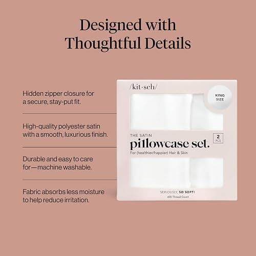 Kitsch Satin Pillowcase with Zipper for Hair & Skin, Softer Than Silk Pillow Cases Queen, Wrinkle-Free, Smooth and Cooling Satin Pillow Covers, King Size 19"x36" - Ivory, 2pcs thumbnail 4