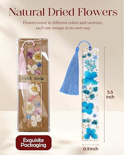 Buleens 2PCS Bookmarks for Women - Blue Book Marks for Readers Book Lovers, Personalized Handmade Dried Flower Resin Bookmark with Tassels, Pretty and Aesthetic thumbnail 2