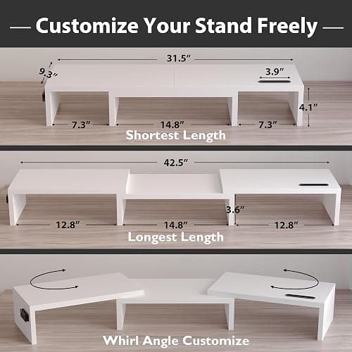 BONTEC Dual Monitor Stand Riser with Smartphone Holder, Adjustable Length & Swivel Angle, Ergonomic Wooden Desktop Organizer for PC Monitor, Laptop, Printer, Large Storage, White thumbnail 2