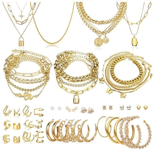 CONGYING 60 PCS Gold Jewelry Set with Multi-Layered Bracelet Necklace, Dangle Earrings, Stackable Ring For Women Valentine Anniversary Jewelry Pack Gifts For Her - Image 1