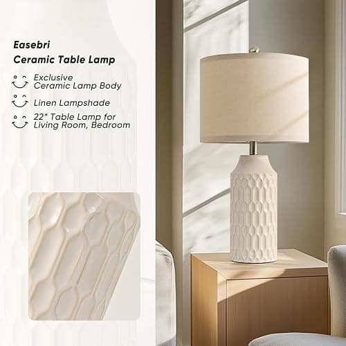 22IN Modern Ceramic Table Lamp Set of 2 White Lamps for Living Room Tall Bedroom Lamp Set Bedside Nightstand Lamps Set of Two Farmhouse Rustic Side Table Lamps for End Table Beige Desk Lamps thumbnail 2