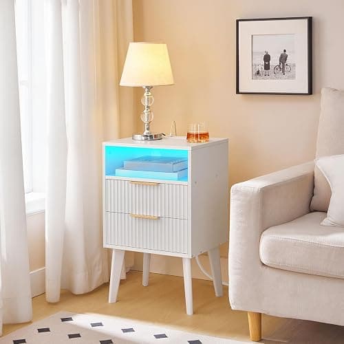 MAHANCRIS End Table, Fluted Nightstand with Charging Station and LED Lights, Modern Side Table with 2 Drawers and 1 Open Compartment, for Living Room, Bedroom, Study, Office, White ETWT63E01 thumbnail 3