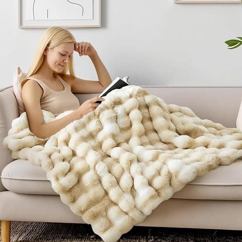 BEDELITE Faux Fur Throw Blanket for Couch, Decorative Tie-Dye Khaki Plush Bubble Blanket - Super Soft & Cozy Fluffy Faux Rabbit Fur Blanket for Women Gift, 60x80 Inches thumbnail 2
