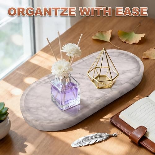 YKAJO Marble Tray 11.6"x5.9" White Gray Vanity Decorative for Countertop Catchall for Perfume Candles Jewelry Dish Perfume Trays for Vanity Bathroom Decorative Tray for Kitchen Counter thumbnail 4